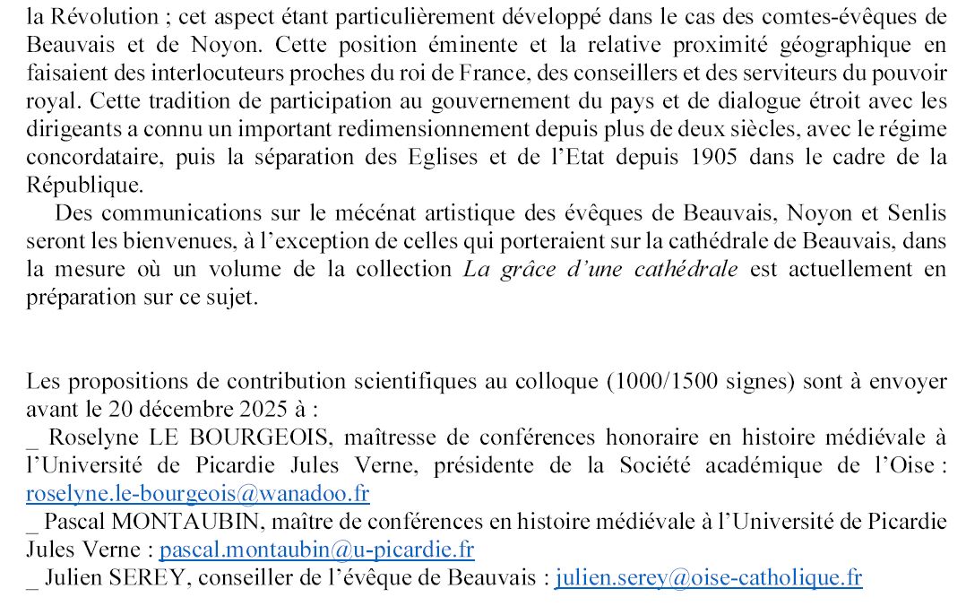 👉AAC: "Les évêques de Beauvais, Noyon et Senlis des origines à 1965", colloque à Beauvais les 19 et 20 mai 2026, organisé par Pascal Montaubin, Roselyne Le Bourgeois et <a href="/julienserey/">Julien Serey ن</a>. Date limite des propositions: 20 décembre 2025 👇