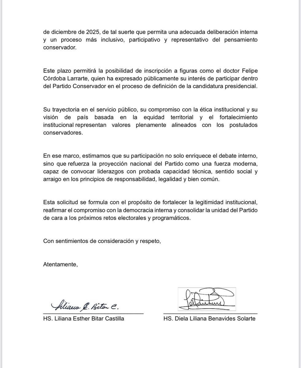 PoliticVirtual's tweet image. Ex Contralor, Felipe Córdoba, recibe respaldo del Partido Conservador, como su precandidato presidencial. Mediante carta firmada, los 12 representantes de la colectividad, avalaron su candidatura y solicitaron ampliar plazo de inscripción de otros aspirantes, hasta 1/12/2025.