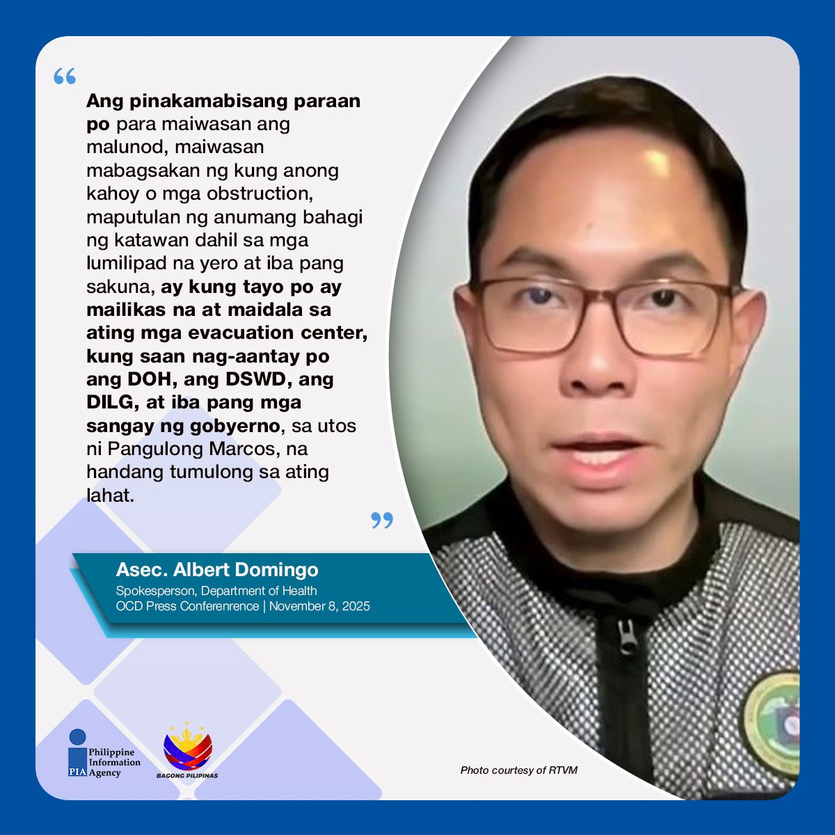 Ayon kay DOH Asec. Albert Domingo, mahalagang sumunod sa preemptive evacuation at mga abiso ng LGU at NDRRMC para sa Bagyong #UwanPH. 🌀
Ang maagang paglikas at pagtungo sa evacuation centers ang pinakamabisang proteksyon laban sa baha, debris, at iba pang panganib. #ISM