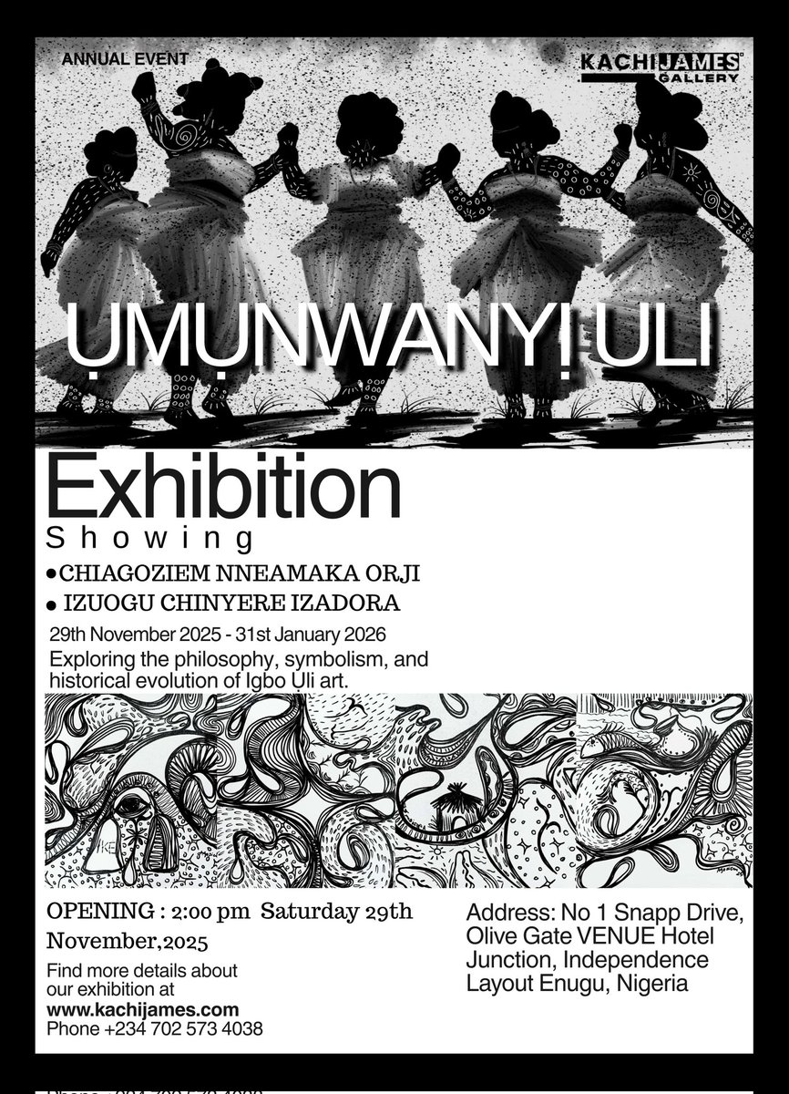Art exhibition  X  Enugu 

Honoring the women who came before us and named this art form Uli, an artistic tradition that has inspired generations of women, gifting them identity, presence, and cultural power.

Umunwanyi Uli is a collective founded by Chiagoziem Nneamaka Orji
