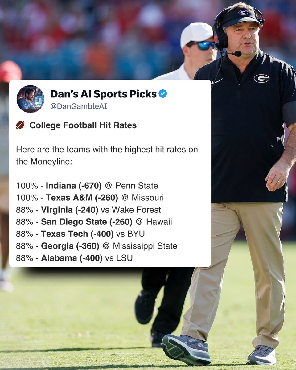 DanGambleAI's tweet photo. 📊🏈 College Football Hit Rates

Here are the teams with the highest hit rates on the Moneyline and Against the Spread this season.

Show some love if you use this information! ❤️ https://t.co/OJ0B2ljJQK