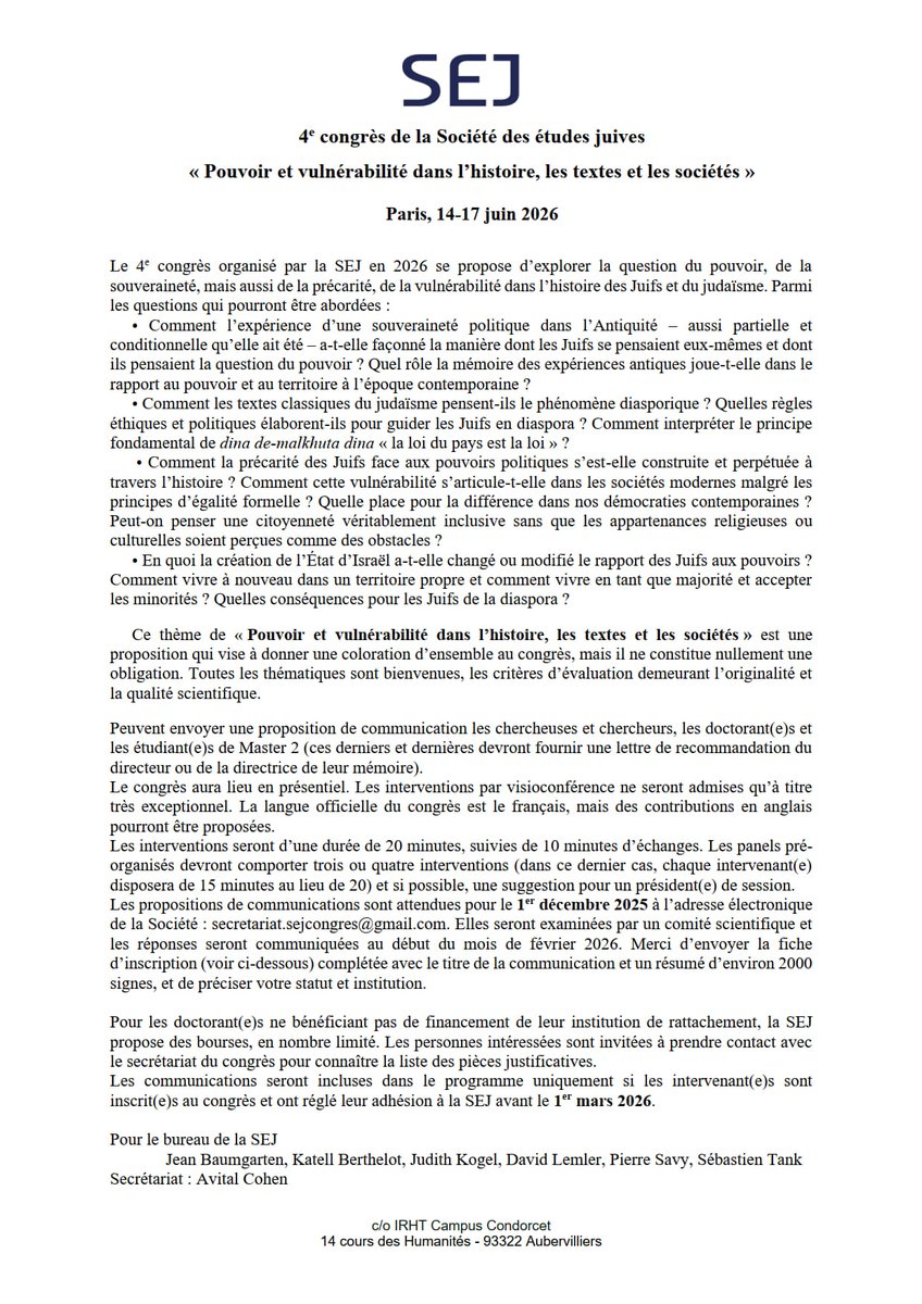 shmesp's tweet image. [01/12/25] AAC 4e congrès de la Société des études juives : « Pouvoir et vulnérabilité dans l’histoire, les textes et les sociétés »
societedesetudesjuives.org/evenement/4e-c…
Le congrès aura lieu à Paris du 14 au 17 juin 2026