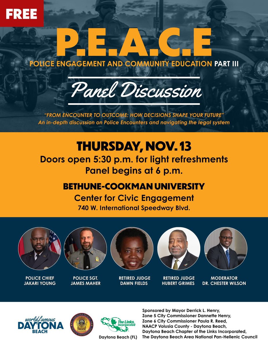 theCWCF's tweet photo. Join me and this panel as I moderate this community P.E.A.C.E. (Police Engagement and Community Education) panel discussion: “From Encounter to Outcome: How Decisions Shape Your Future.”

#DrWilsonSpeaks #PEACE #DaytonaBeach #CommunityUnity #StrongerTogether #PoliceEngagement https://t.co/nIStxsbemo