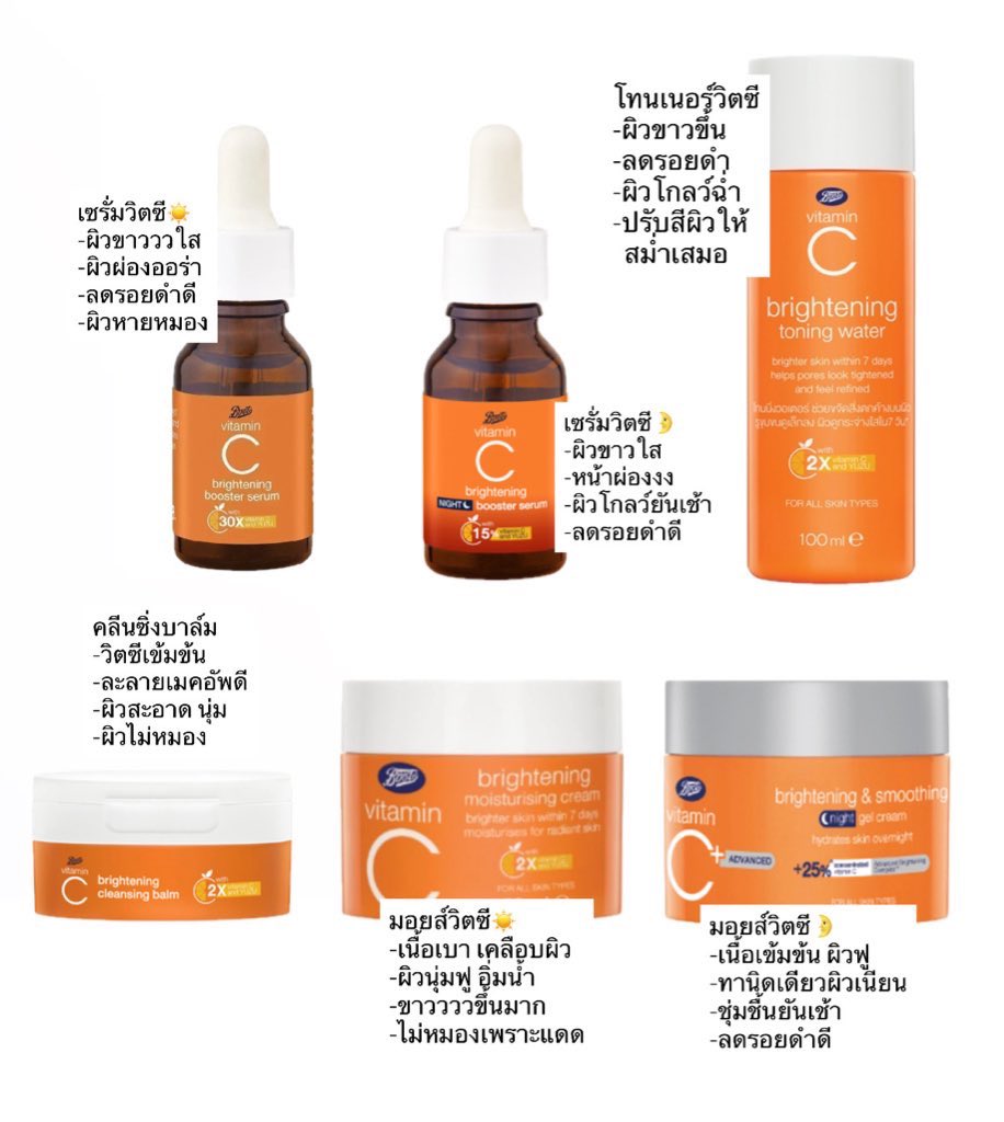 itfeelstory's tweet photo. อยากแนะนำ Vit c ไลน์ของ Boots 6 ตัว คือถูกและดีมากก ผิวขาวผ่องขึ้น Night Serum ตัวใหม่ผิวไบรท์ข้ามวันไม่เกินจริง เห็นผล รอยดำจางลง ผิวไม่หมองจากแดด ใช้ทุกวันเปลี่ยนเบอร์รองพื้นแน่ ในงบ 99-150 เอง คุณภาพเกินราคา https://t.co/kYb46uJpng
