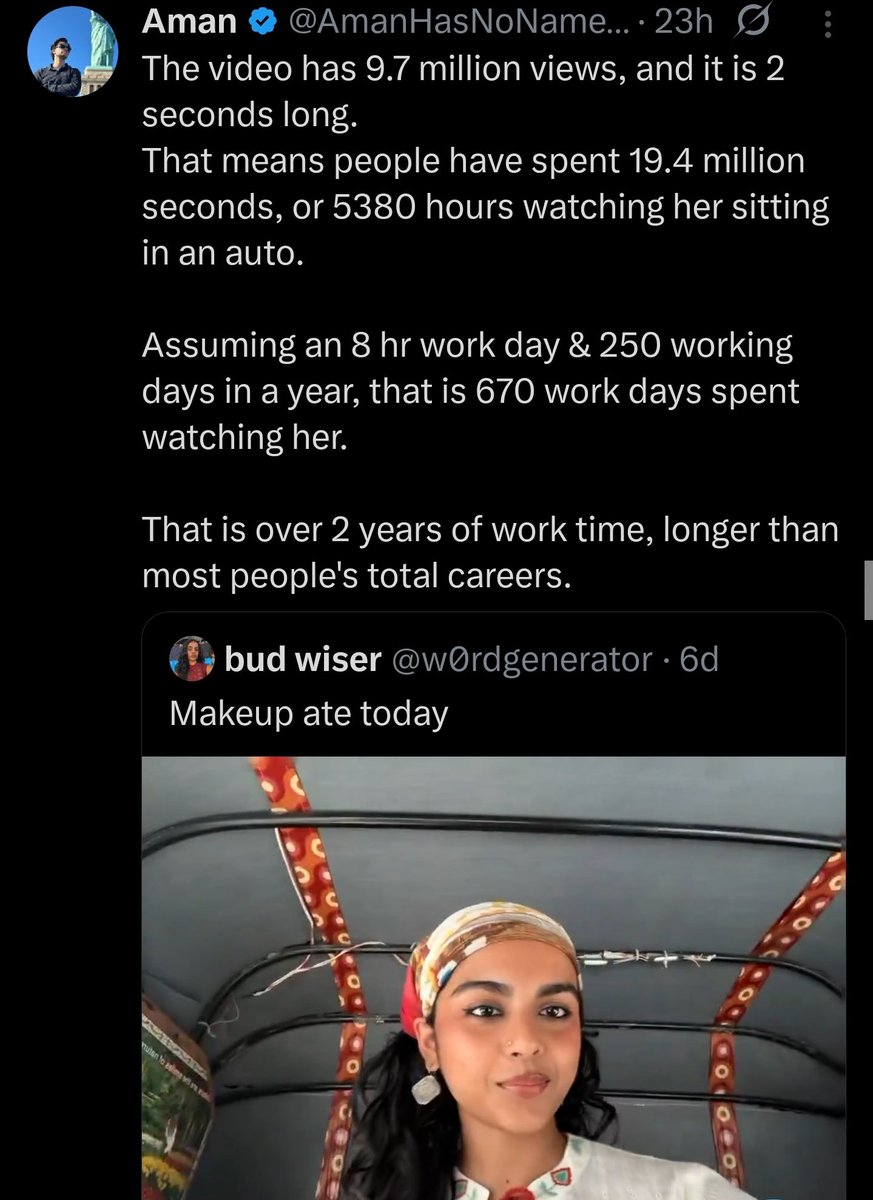This post is getting such reach because you Gen Z and young are too lazy to screenshot and post. 

While this girl's video is innocuous, many of you are giving engagement to fake news peddlers from across the borders and racist rage baiters by replying them or quoting them. 

The