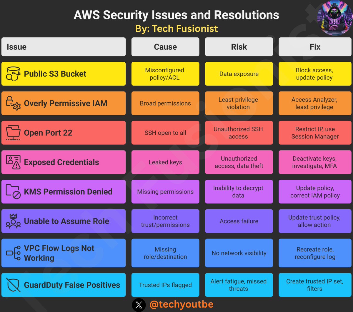 techyoutbe's tweet image. AWS Security (Issues | Cause | Risk | Fix) ⬇️⬇️
