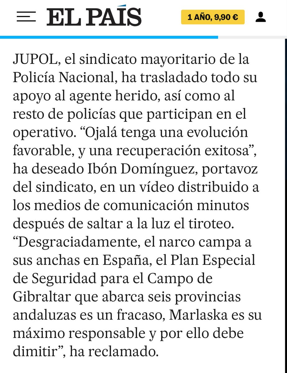 Un policía en estado grave tras recibir un disparo en una operación contra el narcotráfico, vía <a href="/el_pais/">EL PAÍS</a>

Estamos muy pendientes de la evolución de nuestro COMPAÑERO y afiliado de JUPOL. Por tanto nos personaremos como acusación, para que caiga todo el peso de la Ley sobre los