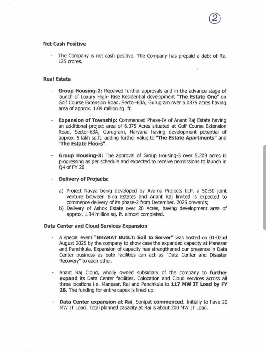 vishan_khadke's tweet image. Anant Raj Q2FY26 Key Updates

1. Completed QIP of 1100 Cr
2. Company is net cash positive
3. Real estate progressing well with few launches in FY26
4. DC Capacity - Targeting 117 MW IT load by FY28
5. 20 MW load commencement at Sonipat and Rai
6. Expansion of IaaS in advanced…