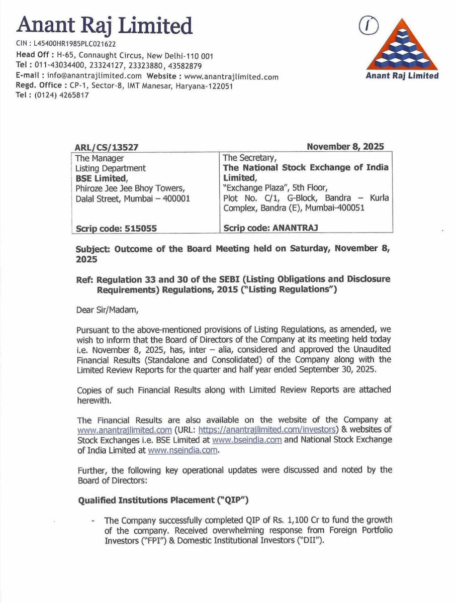 vishan_khadke's tweet image. Anant Raj Q2FY26 Key Updates

1. Completed QIP of 1100 Cr
2. Company is net cash positive
3. Real estate progressing well with few launches in FY26
4. DC Capacity - Targeting 117 MW IT load by FY28
5. 20 MW load commencement at Sonipat and Rai
6. Expansion of IaaS in advanced…
