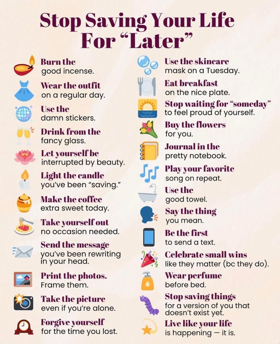 TiiuAshcraft's tweet image. I’ve been guilty of saving things for “later” the good lotion, the fancy mug, the nice candle.

But “later” isn’t guaranteed. I’m learning to use and enjoy what I have now.

Stop saving your life for someday. Live it today. 💙

#MindfulLiving #SelfCare #UseTheGoodStuff #LiveNow