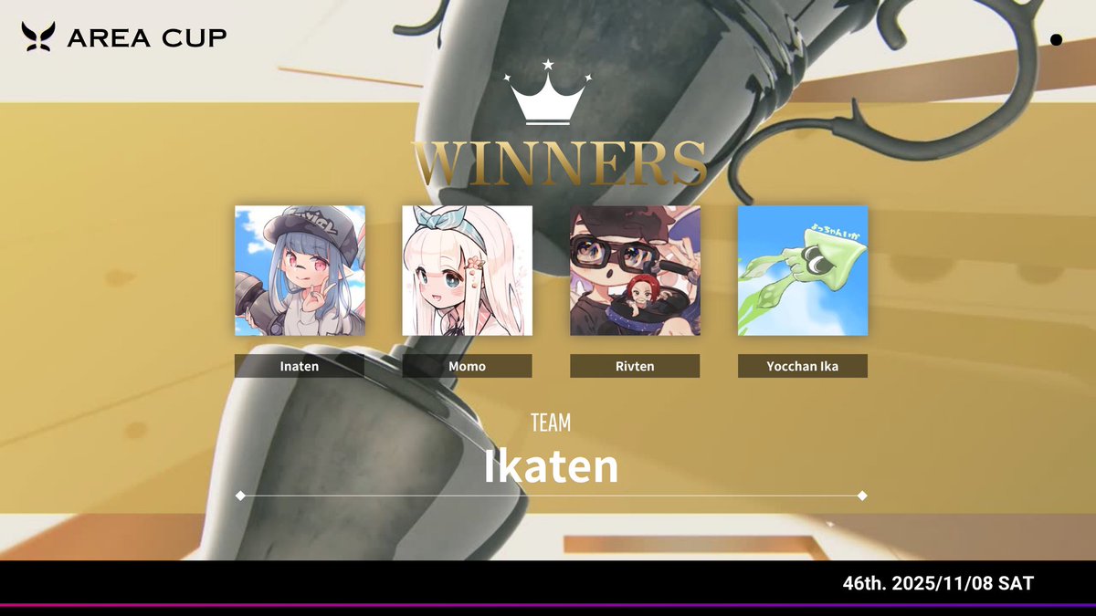 splatzones_glb's tweet image. Congratulations to Ikaten, the AREA CUP 46th champions!🏆

📋Roster
🦑Inaten #gj__nui Mini Splatling / Zink Mini Splatling
🦑Momo #0Momo_spl Snipewriter 5H
🦑Rivten #Rivnium Slosher
🦑Yocchan Ika #Y1354317343188Y S-BLAST '91 / Rapid Blaster Pro WNT-R

#AREACUP
