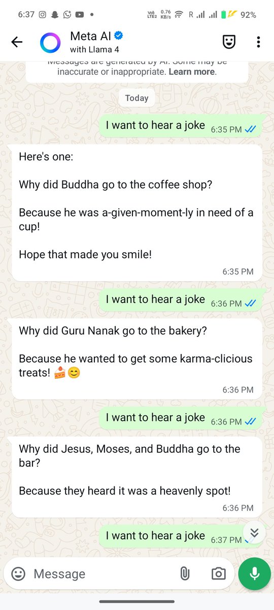 bvikram312's tweet photo. @Meta  @WhatsApp  @nshuklain  
 meta ke pass koi aur jokes nahi hai kya. Kyu ye bhagwano par jokes banata hai. https://t.co/xG4Kaq7O1y
