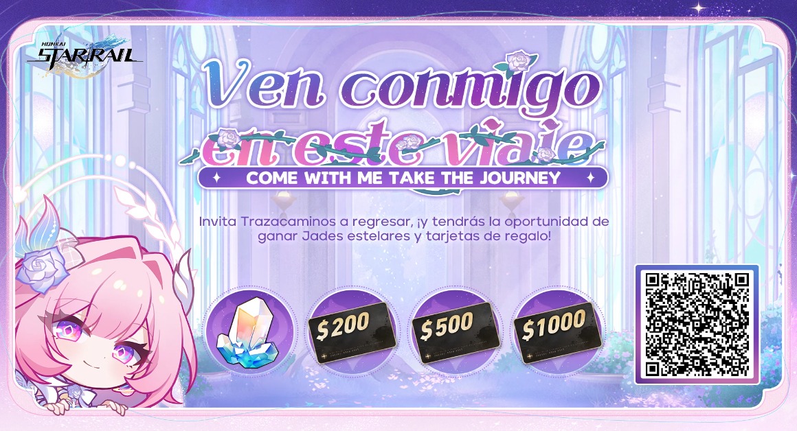 Invita a otros Trazacaminos a vincular tu código de invitación e iniciar sesión en el juego para poder ganar Jade estelar, una tarjeta de regalo y más recompensas sorpresa.