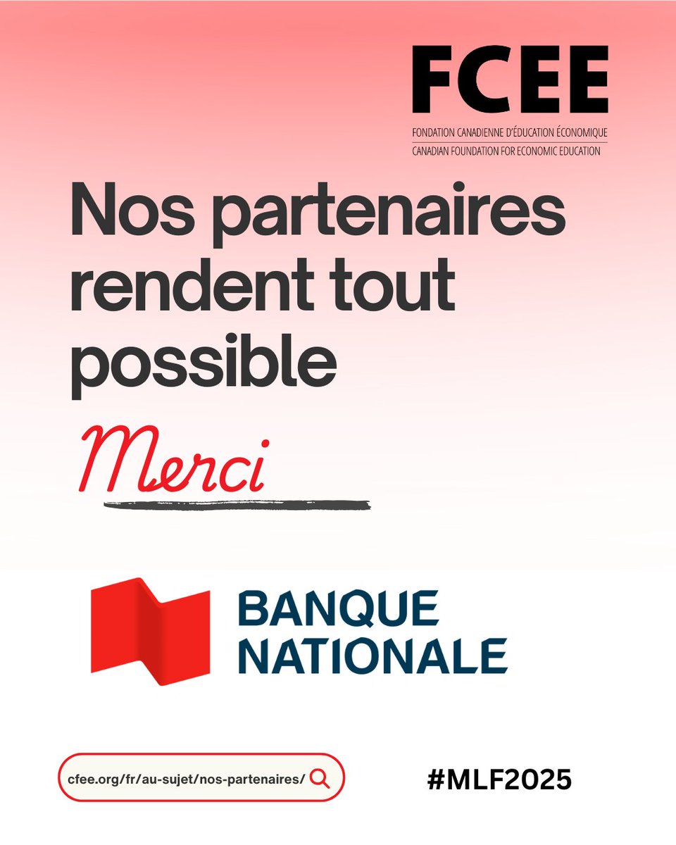 FCEE20's tweet photo. Banque Nationale nous a aidés à développer plusieurs programmes majeurs au fil des ans, notamment Aide! Gérer votre argent sur le campus, Gérer votre argent au Canada, et LitFin 101 !

#MLF2025 #TravaillonsEnsemble #Merci https://t.co/3xlabqREss
