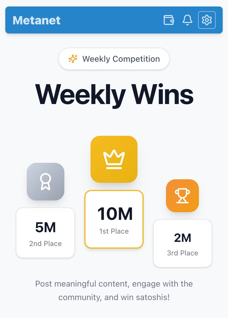 MetanetPlatform's tweet image. Starting this Monday 10th of November, the Weekly competition increases the prizes to 0.1 BitcoinSV EVERY WEEK for the 1st place winner. 🤠 First new prize will be paid out Monday 17th!

5M and 2M satoshis for the 2nd and 3d places. And a whopping 1M satoshis for the next 7…