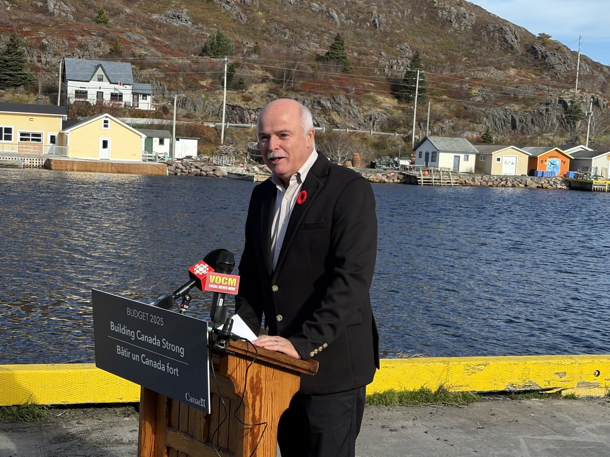 Cape Spear MP Tom Osbourne announcing details of breakwater in Petty Hr-Maddox Cove.