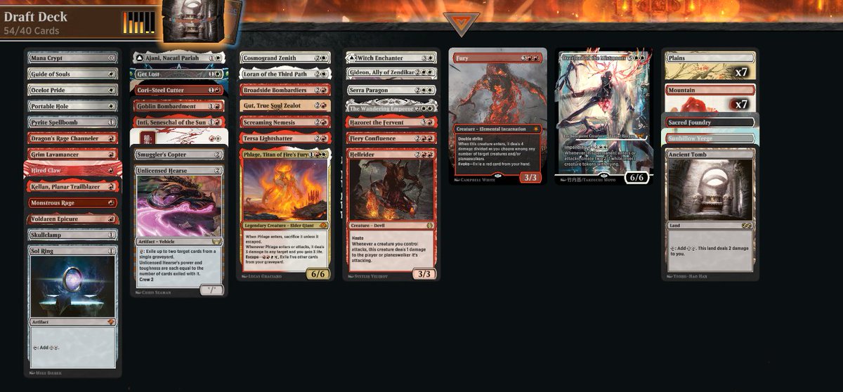 caterpillarcoat's tweet photo. @Dafore3 got 6 wins. lost to mirror and two busted Academy draws.  Now I have this. I think i was the only boros at the table. Do I focus on double spelling or try to abuse the triple double colorless ramp? https://t.co/evyptJ4kzg