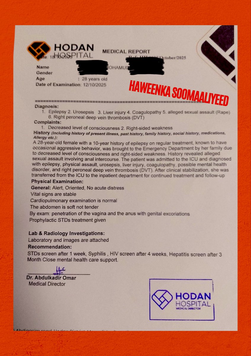 A young woman, brutally raped, missing for seven days, thrown onto the street with severe injuries, denied treatment by three hospitals: #Banaadir, #Medina and #Martini.
Only at #HodanHospital (MCH) did she finally receive help.

And yet: no outcry, no protest, no accountability.