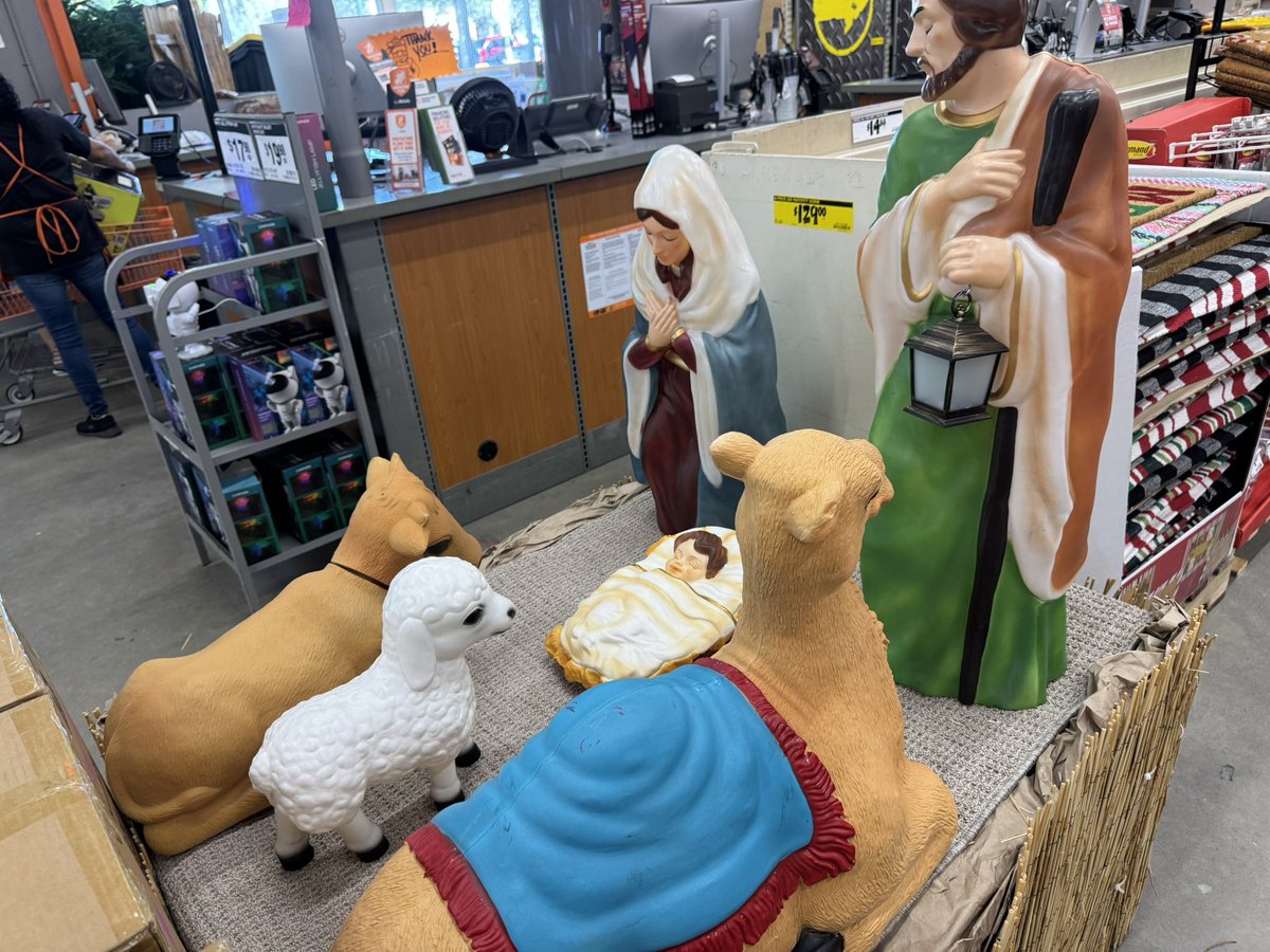 JayGray73's tweet photo. People are funny. They just got finished filling their yards with images of demonism and death and now it’s Jesus and his family’s turn. https://t.co/JxZcgrbdx6