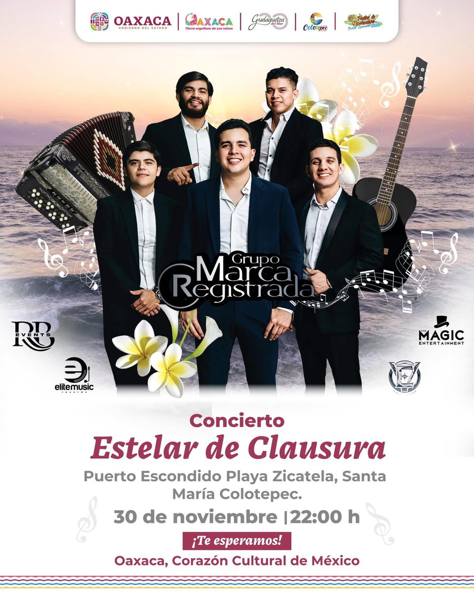 OaxacaPolitico's tweet image. 🎶🌊 ¡#MarcaRegistrada cerrará fiestas de noviembre en #PuertoEscondido!

El próximo 30 de noviembre, Playa Zicatela será el escenario del Concierto Estelar de Clausura de las Fiestas de Noviembre de Puerto Escondido 2025. #Oaxaca