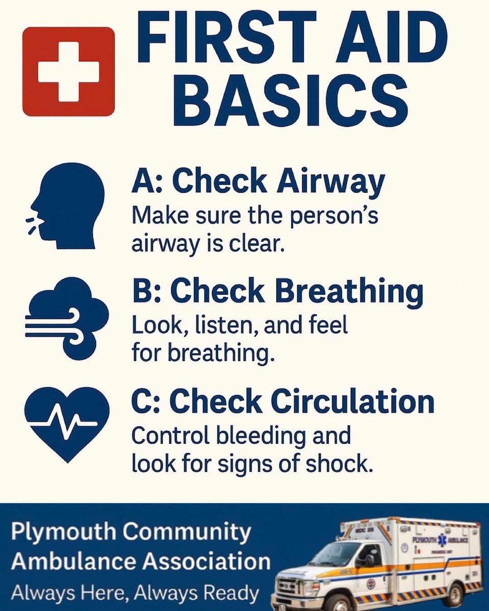 medic308's tweet image. 🚑 FIRST AID BASICS - EVERYONE SHOULD KNOW! You don’t need to be a paramedic to make a difference. Every second counts. 
🩹 Apply pressure to stop bleeding 
💬 Check for responsiveness 
📞 Call 911 immediately 🧘 Stay calm &amp;amp; follow dispatcher instructions #pcaa #medic308