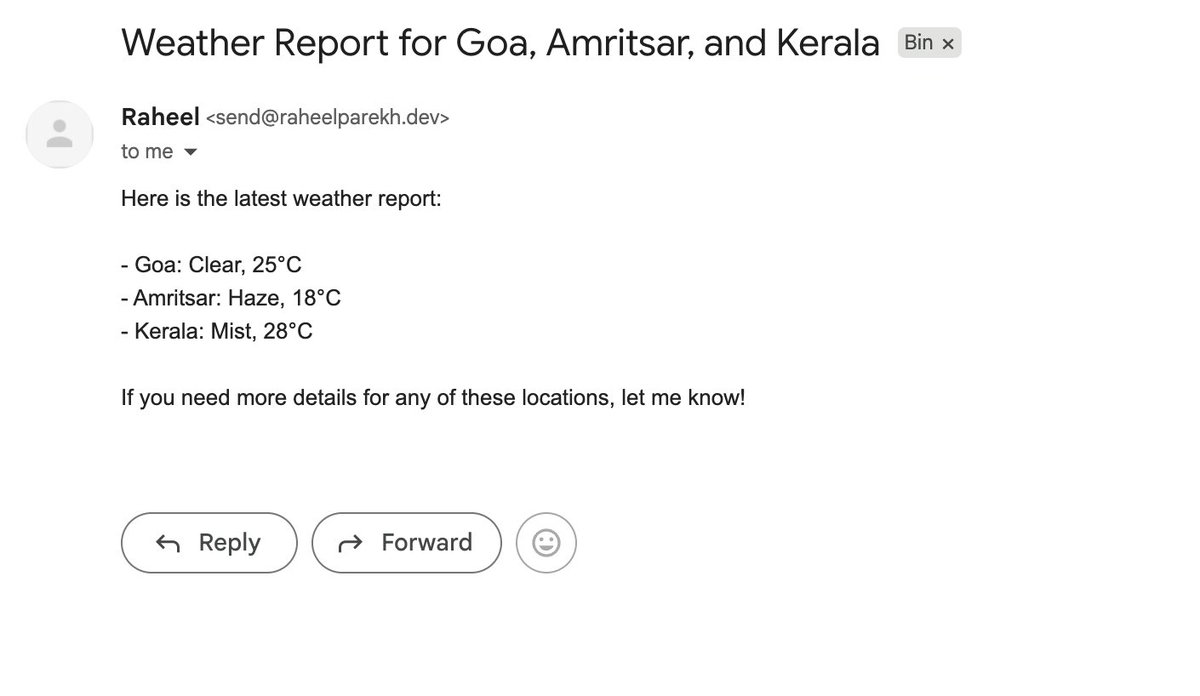 codew_rhp's tweet image. Just build my first GenAI agent 🚀 

It fetches live weather and emails me the report automatically.

Learning about agents &amp;amp; toolchains by building in public!
Next step: more real-world automations. This is just the start!

Learning from @piyushgarg_dev
#BuildInPublic #GenAI