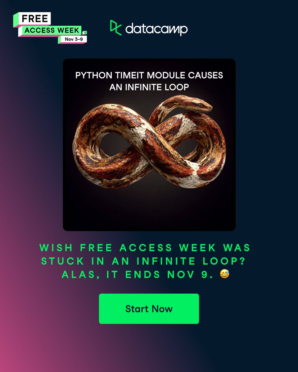 DataCamp's tweet image. Last hours of FAW 😱
 Every course, track, and cert = free.
 This is your “I’ll start tomorrow” moment.

👉 ow.ly/kqyG50XowwU

#DataCamp #FreeAccessWeek