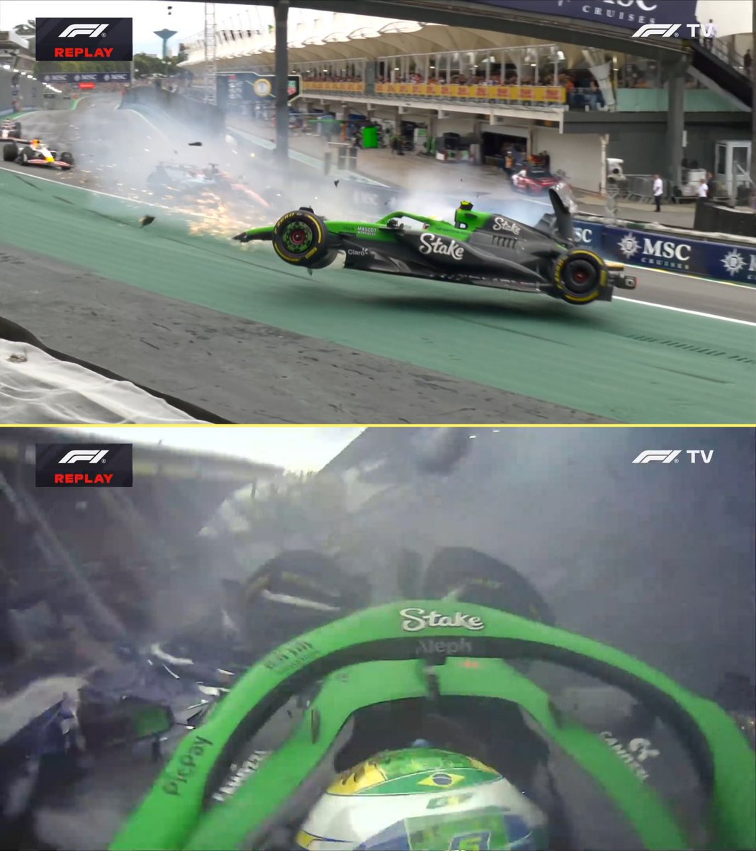 f1speed_indo's tweet photo. Crash mengerikan Bortoleto di tikungan pertama.

Bortoleto tidak apa-apa.
Dan untungnya tidak hantam mobil di depannya... https://t.co/bSkkNBSh0U