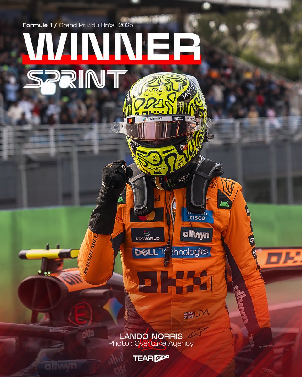TearOffFR's tweet photo. 🚨 VICTOIRE DE LANDO NORRIS EN COURSE SPRINT ! 

Kimi Antonelli termine à la 2e position et George Russell sécurise un double podium Mercedes.

À noter l'abandon d'Oscar Piastri dans cette course et qui perd 8 points sur son rival...

🇫🇷 Gasly 8e, Hadjar 10e, Ocon 11e.

#F1 #BrazilGP
