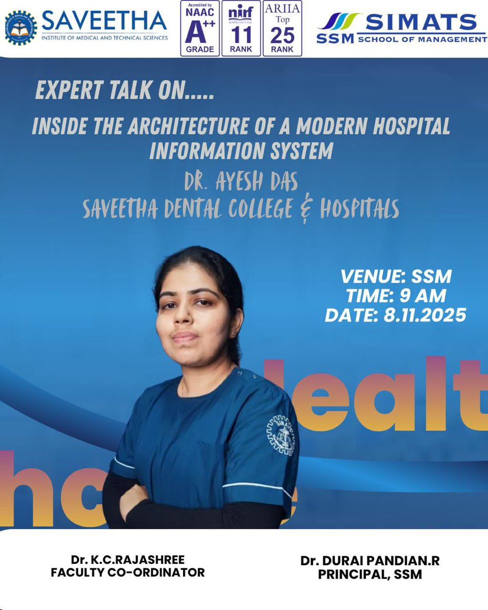 PhdSaveetha's tweet image. 🎓💻 A brief session was delivered to a group of MBA students on the *evolving architecture of Hospital Information Systems* — with a special emphasis on the advancements in **Electronic Health Records (EHR)** and **Electronic Medical Records (EMR)**.