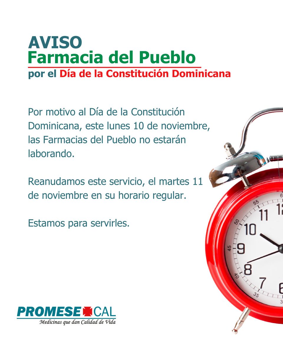 PromesecalRD's tweet image. Por motivo del Día de la Constitución Dominicana, este lunes 10 nuestras oficinas y Farmacias del Pueblo no estarán ofreciendo servicios🇩🇴
Nos reencontramos el martes en nuestro horario regular💙
#PROMESECAL #DíaDeLaConstitución #FarmaciasDelPueblo