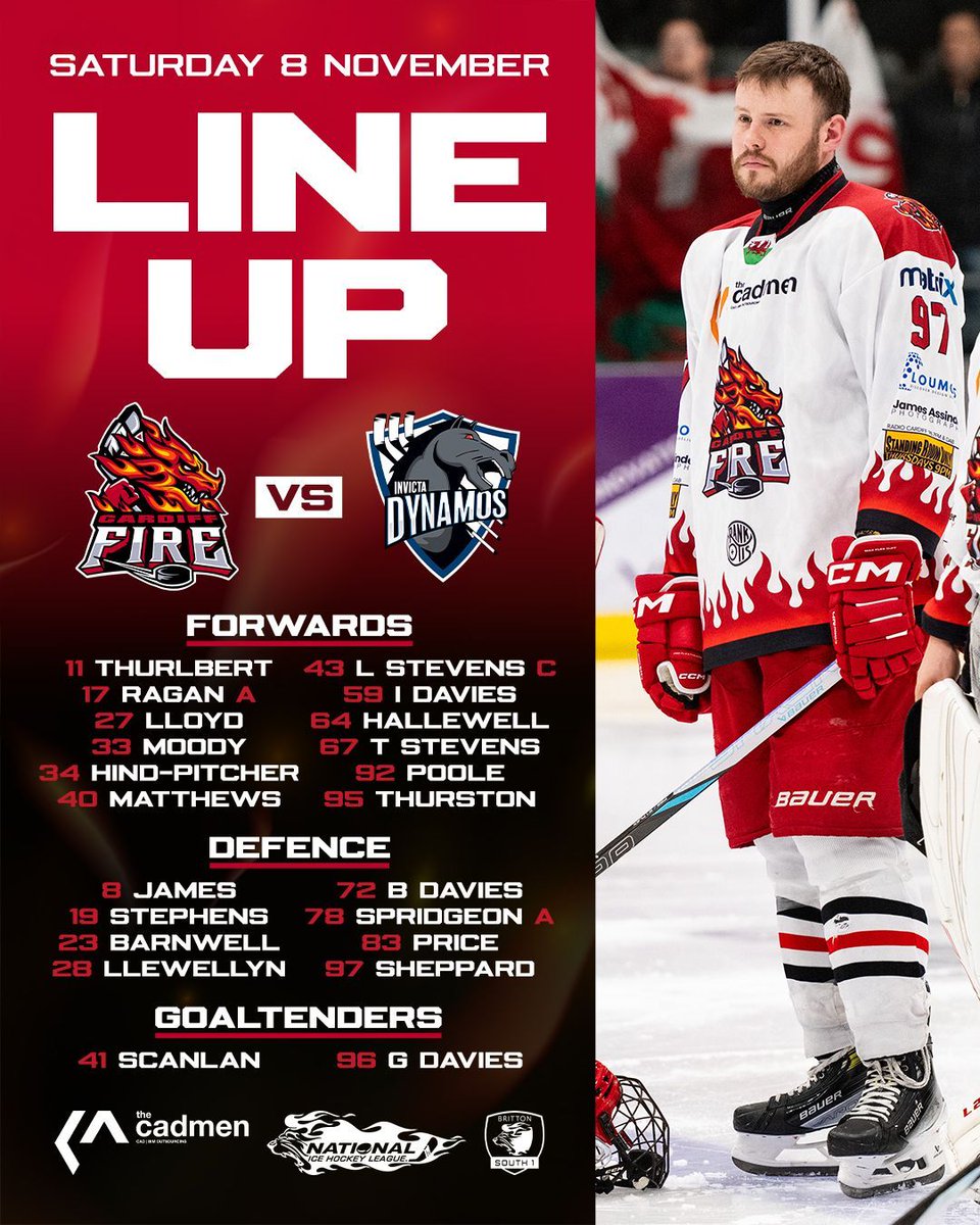 CardiffFireIHC's tweet photo. Your Fire line-up on home ice tonight ๐ฅ๐ช
๐ด 41 Ben Scanlan starts in net ๐ฅ
๐ด 8 Louis James, 23 Yaqub Barnwell, 64 Lewis Hallewell and 96 Gemma Davies return to the line-up ๐
๐ด 72 Ben Davies and 95 Craig Thurston make their home debut ๐
#CF10Years #FireHockey #FireItUp https://t.co/yQUH9lVciC