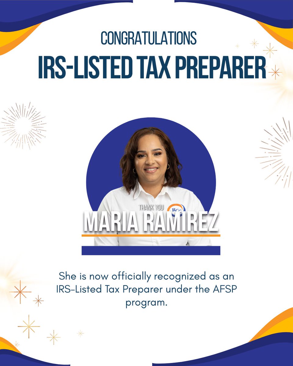 myrccagency's tweet image. 🎉 Big congratulations to Maria Ramirez! 🎉
She successfully completed an online course and is now officially part of the AFSP (Annual Filing Season Program) with the IRS Directory. 💼✅

#RCCExperience #AFSP #IRSDirectory #ProfessionalGrowth #TeamRCC #Congratulations #LevelUp
