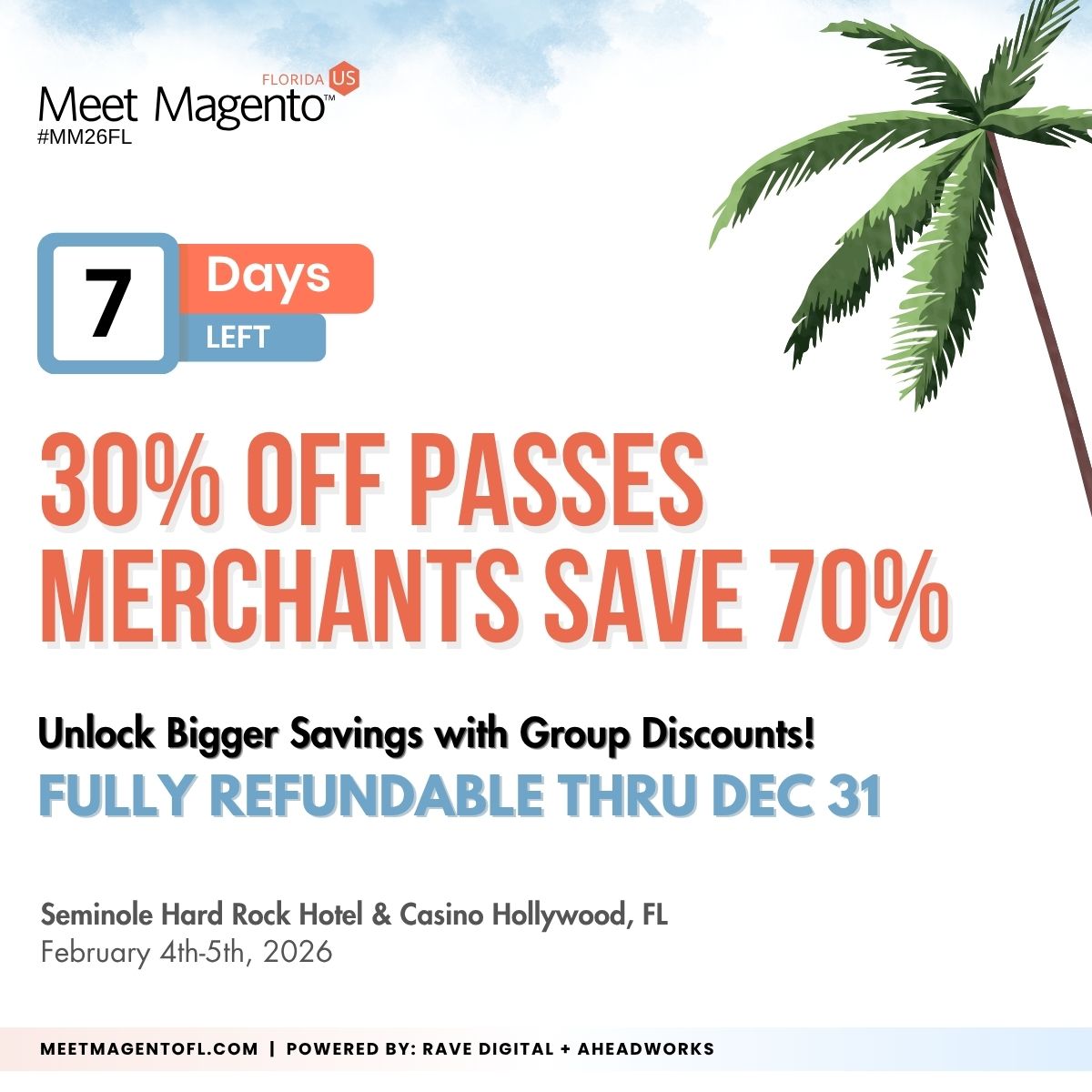 🎟️ EARLY BIRD SALE ENDS IN 7 DAYS! 🎟️

Act Fast and Save Up to 74.5% on #MM26FL Group passes!

MAXIMIZE YOUR SAVINGS WITH GROUP DISCOUNTS! 

Grab Your Pass Now Before Prices Increase!👉 bit.ly/buy-mm26fl-pas….

<a href="/ravedigitalus/">Rave Digital</a> + <a href="/Aheadworks/">Aheadworks</a>

#RaveDigital #Aheadworks #EarlyBird
