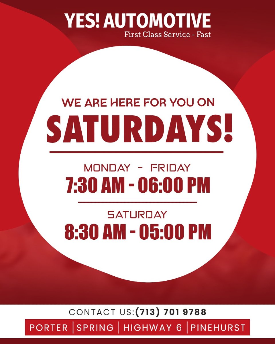 yes_automotive's tweet image. We’re here for you — even on Saturdays!
Got car trouble during the weekend? Bring it to Yes Automotive Services and let our ASE-certified technicians handle it with care.

Call Now: 713-701-9788

#WeekendService #CarCareExperts #BrakeRepair #ACService