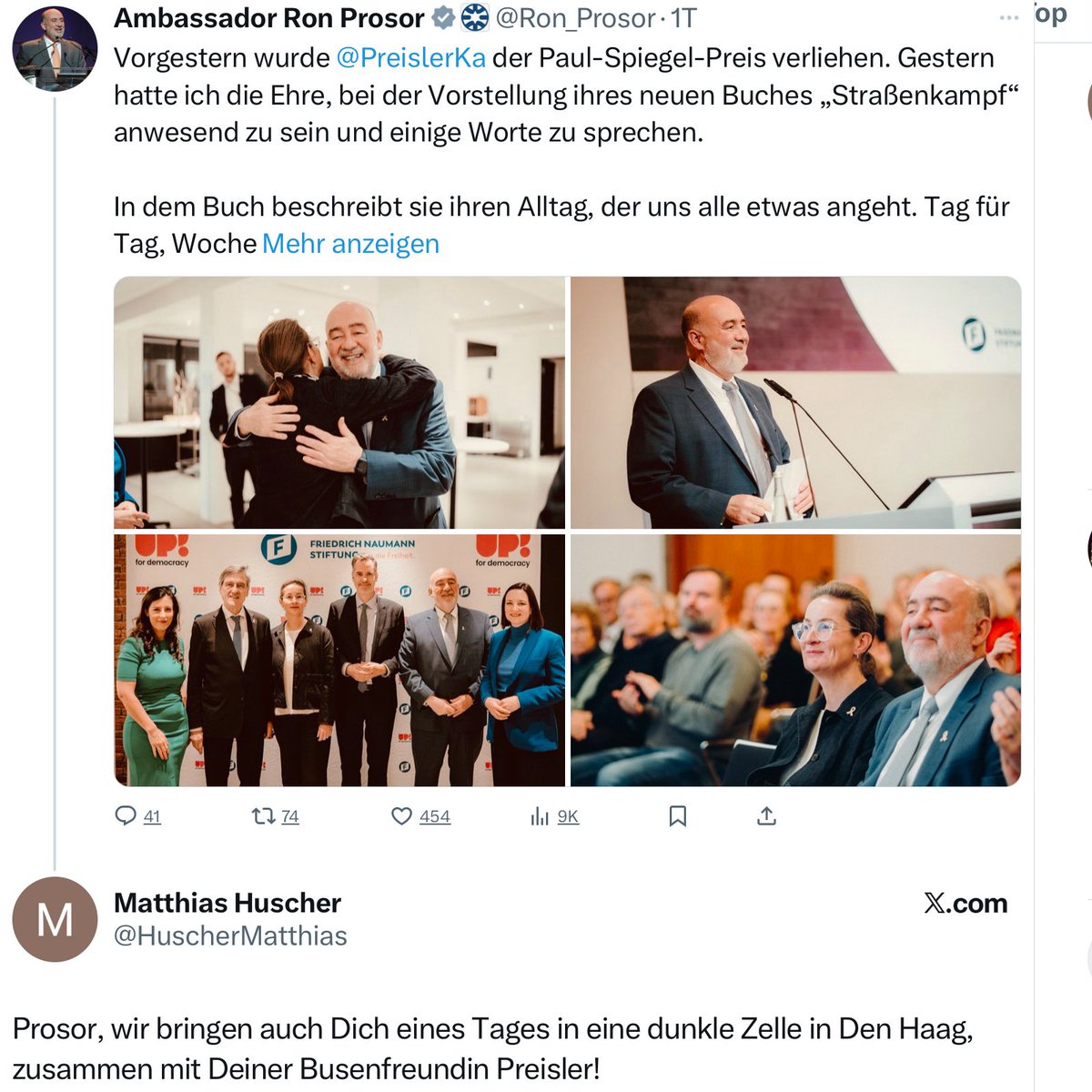 Matthias👇🏼 „Prosor, wir bringen auch Dich eines Tages in eine dunkle Zelle in Den Haag, zusammen mit Deiner Busenfreundin Preisler!“

Matthias träumt vielleicht von neuen November-Pogromen und droht Juden. Matthias ist Antisemit. Zeigen wir Matthias, was wir mit Judenjägern tun.