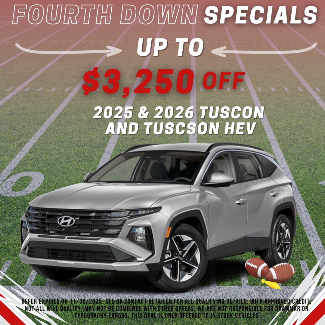 BSpringsHyundai's tweet image. 🏈🔥 It’s 4th Down Specials at Hyundai of Blue Springs! 

Big savings, great rides &amp;amp; game-winning deals! Don’t wait—drive like a champ today! 🚗💨

Shop online here: mccarthyhyundai.com/searchall.aspx

#HyundaiBlueSprings #GameDayDeals #TouchdownSavings #ShopMcCarthy #NovemberSpecials