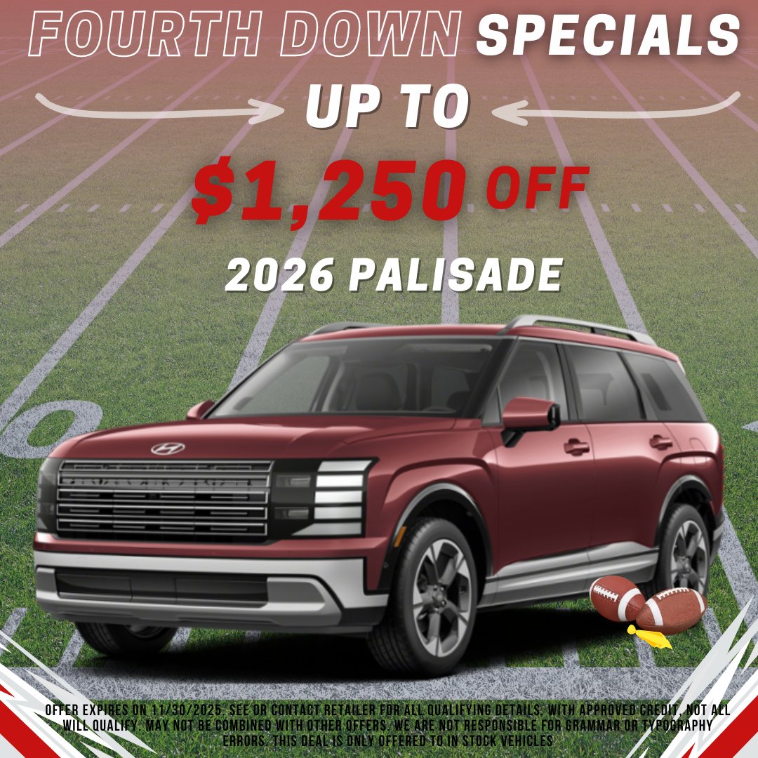 BSpringsHyundai's tweet image. 🏈🔥 It’s 4th Down Specials at Hyundai of Blue Springs! 

Big savings, great rides &amp;amp; game-winning deals! Don’t wait—drive like a champ today! 🚗💨

Shop online here: mccarthyhyundai.com/searchall.aspx

#HyundaiBlueSprings #GameDayDeals #TouchdownSavings #ShopMcCarthy #NovemberSpecials