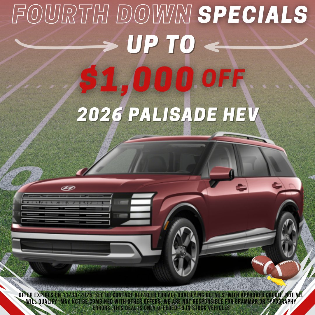 BSpringsHyundai's tweet image. 🏈🔥 It’s 4th Down Specials at Hyundai of Blue Springs! 

Big savings, great rides &amp;amp; game-winning deals! Don’t wait—drive like a champ today! 🚗💨

Shop online here: mccarthyhyundai.com/searchall.aspx

#HyundaiBlueSprings #GameDayDeals #TouchdownSavings #ShopMcCarthy #NovemberSpecials