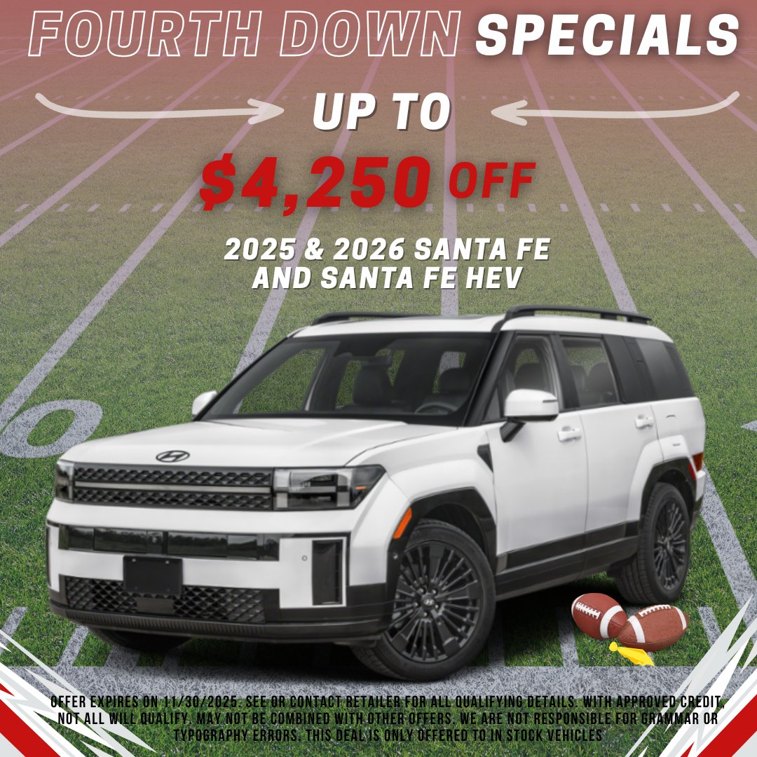 BSpringsHyundai's tweet image. 🏈🔥 It’s 4th Down Specials at Hyundai of Blue Springs! 

Big savings, great rides &amp;amp; game-winning deals! Don’t wait—drive like a champ today! 🚗💨

Shop online here: mccarthyhyundai.com/searchall.aspx

#HyundaiBlueSprings #GameDayDeals #TouchdownSavings #ShopMcCarthy #NovemberSpecials