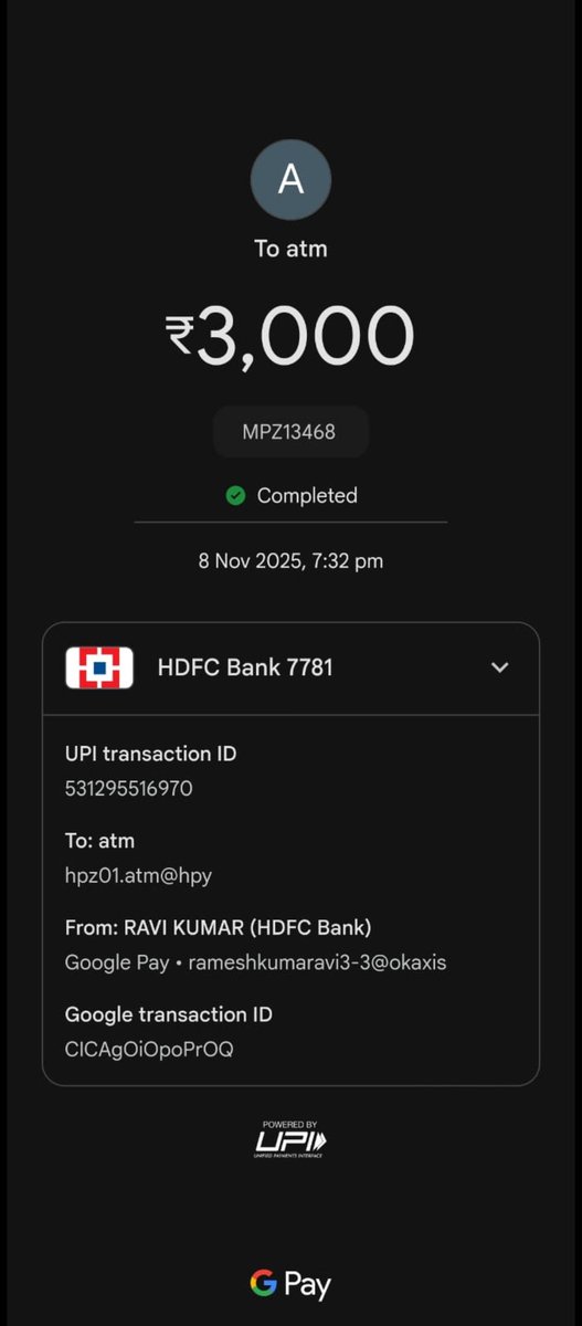 rameshkumaravi3's tweet photo. @Hitachi   me upi se cash withdraw karna chahta tha. Paise debit ho gaye but. Cash ATM se nhe nekla. Kya mera paisa muje vapas mel sakta h. Please reply https://t.co/LnKrzwkaTD