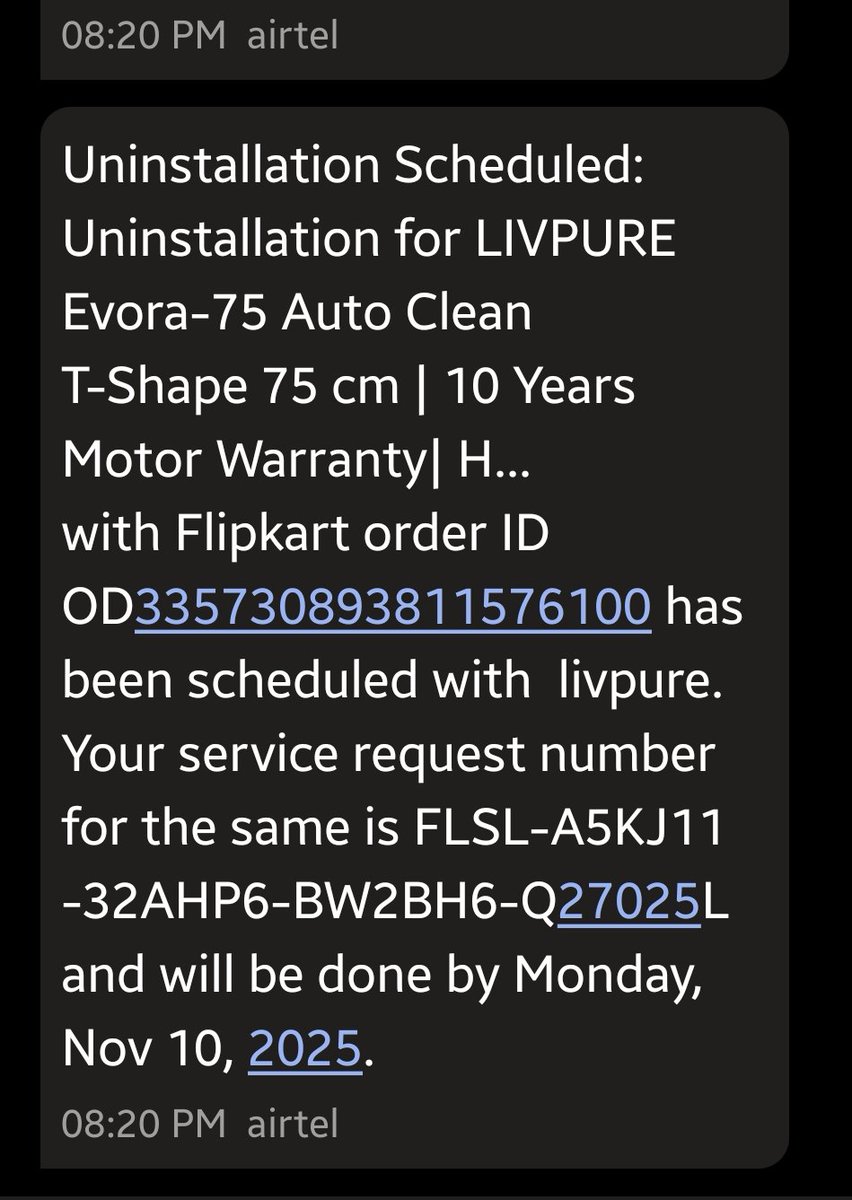 ashokec's tweet photo. @flipkartsupport Issue is still not resolved. As usual technician didn't come. I got the attached text message. First message says uninstallation completed and second message is new schedule for installation. What nonsense is this? https://t.co/oEvSwI7cVH