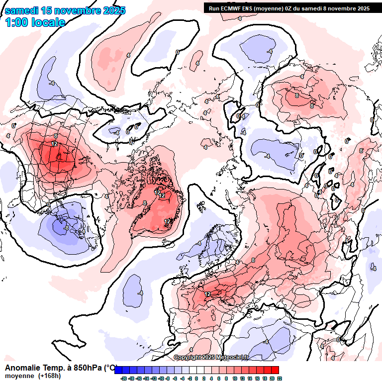 Admirez la concordance entre les différentes anomalies : celle de -16° au 850hPa pour l'Est de l'Amérique du Nord et les +12° sur la deuxième carte depuis l'Ouest de l'Amérique du Nord vers le Groenland et l'Europe