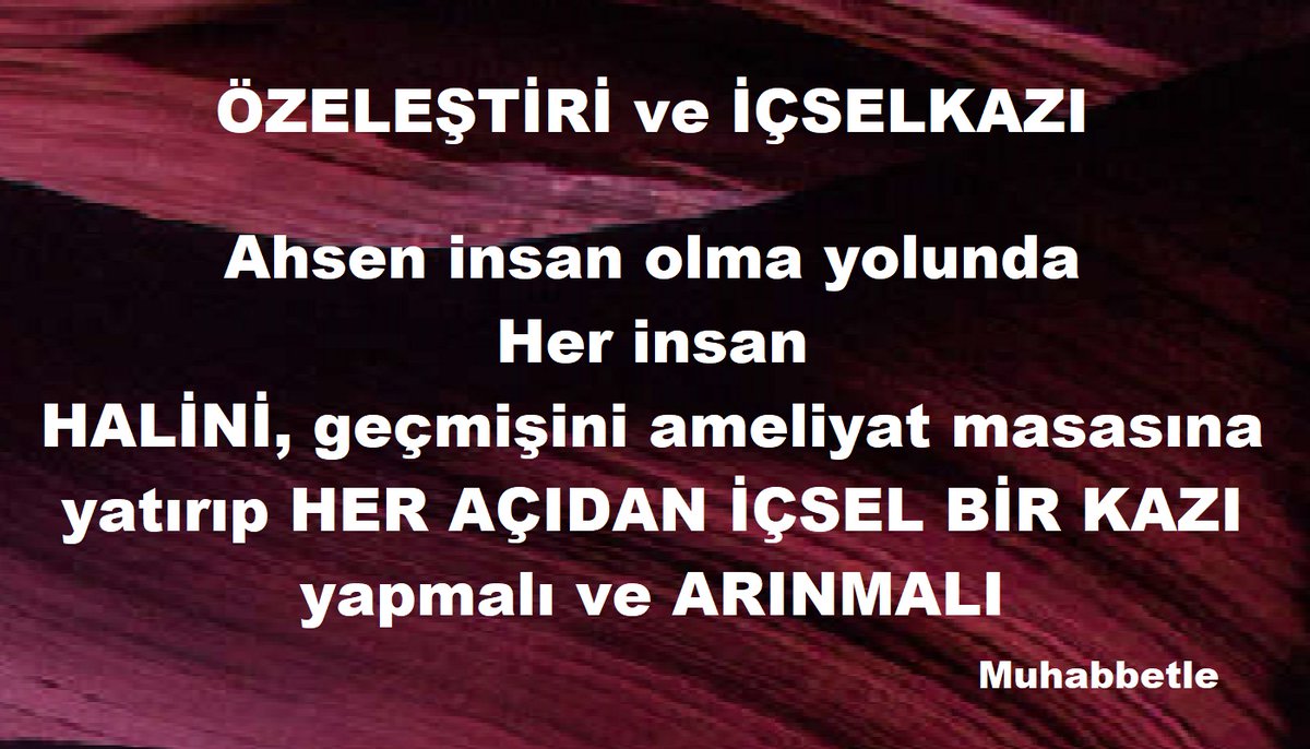 #ÖZELEŞTİRİ ve #İÇSELKAZI
Ahsen insan olma yolunda
Her insan
HALİNİ geçmişini ameliyat masasına yatırıp HER AÇIDAN İÇSEL BİR KAZI yapmalı ve arınmalı değil mi?
İÇSEL KAZI çalışmasını ne zaman yapacaksınız!
facebook.com/photo?fbid=132…
aaldemira.blogspot.com/2025/11/ozeles…
instagram.com/p/DQzMfzsjt5L/