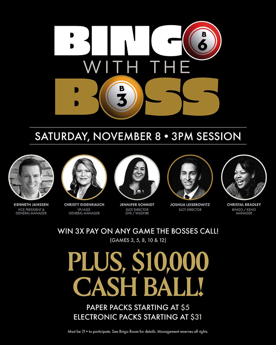 TODAY! 🎉 The bosses are taking over Bingo! 💰 Bring your dauber and join us for the 3pm session, Bingo with the Boss! 

It's your chance to meet the team and earn 3X pay on any of the games the bosses call: Games 3, 5, 8, 10 &amp; 12.