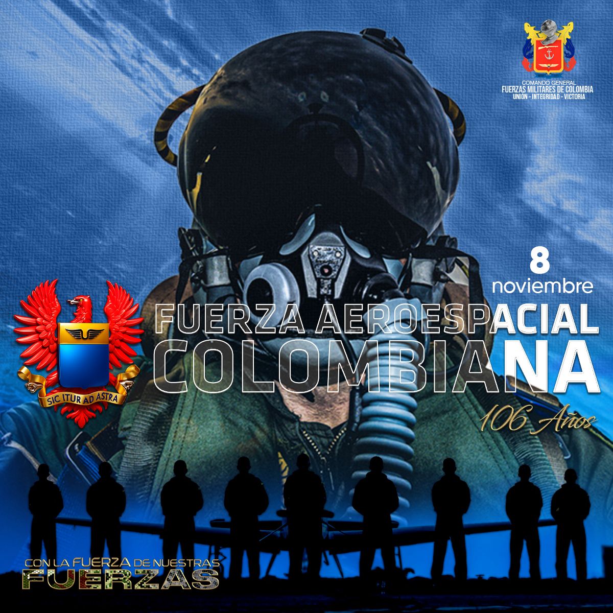 FuerzasMilCol's tweet photo. Los soldados y marinos felicitamos a nuestra @FuerzaAereaCol en su aniversario, han sido #106Años, salvaguardando el espacio aéreo, sirviendo con vocación y trabajando día y noche para brindar seguridad a los colombianos, con el mejor talento humano y tecnológico; ejerciendo siempre el dominio aeroespacial. 
#AdAstra
#ConLaFuerzaDeNuestrasFuerzas