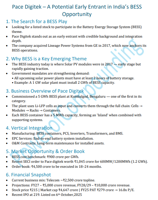 chowdary457's tweet photo. BESS theme is buzzing and I am looking for a stock to play this.  Came across Pace digitek, a recent IPO which looks promising and well positioned to grab the opportunity. Go through below PDF to understand the complete thesis and Target price. #BESS #PaceDigitek https://t.co/C7HN68xR42