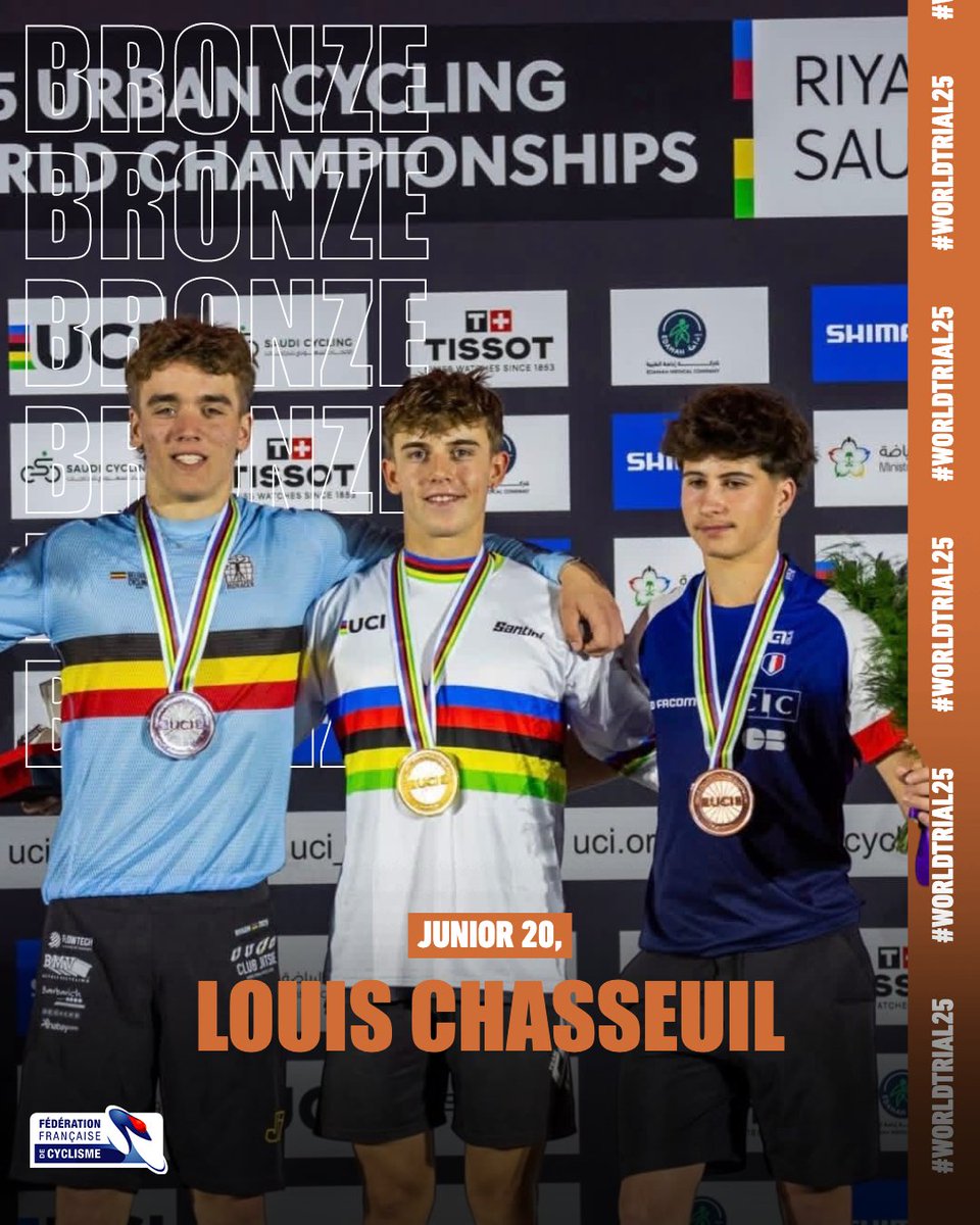 Championnats du monde de VTT Trial 🌈 🇸🇦 

Deux médailles de Bronze pour l'équipe de France 🥉🥉

➡️ Nina VABRE en ELITE Femmes 🥉
➡️ 🥉 Louis CHASSEUIL en Junior 20,

#Trial #Worlds #France #Cyclisme