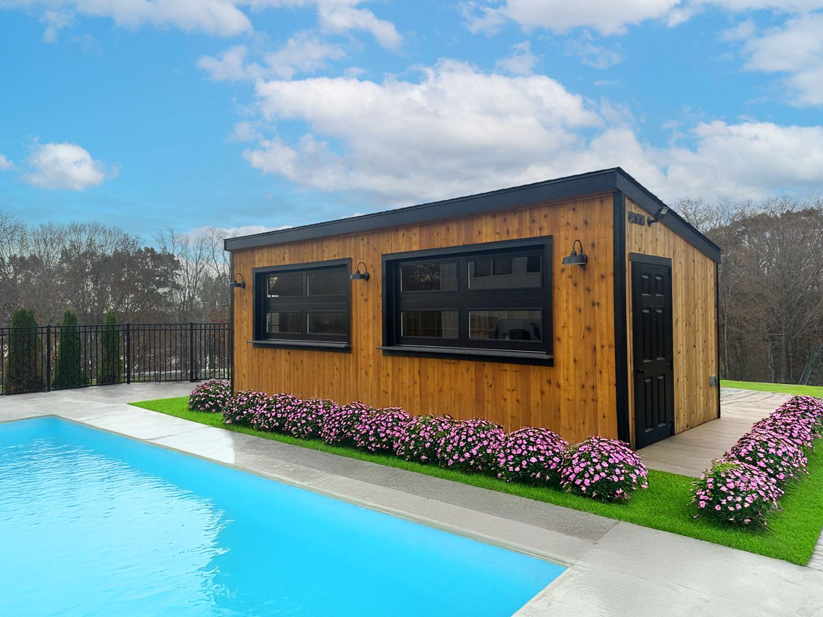 NEOutdoor's tweet image. Modern meets rustic!

We are loving the contrast of the black bar windows, black door and black trim against the warm cedar tongue &amp;amp; groove siding on this Sierra.

Stop by our office to start your custom shed design today!

#BarShed #SingleSlope #PoolBar #CedarShed