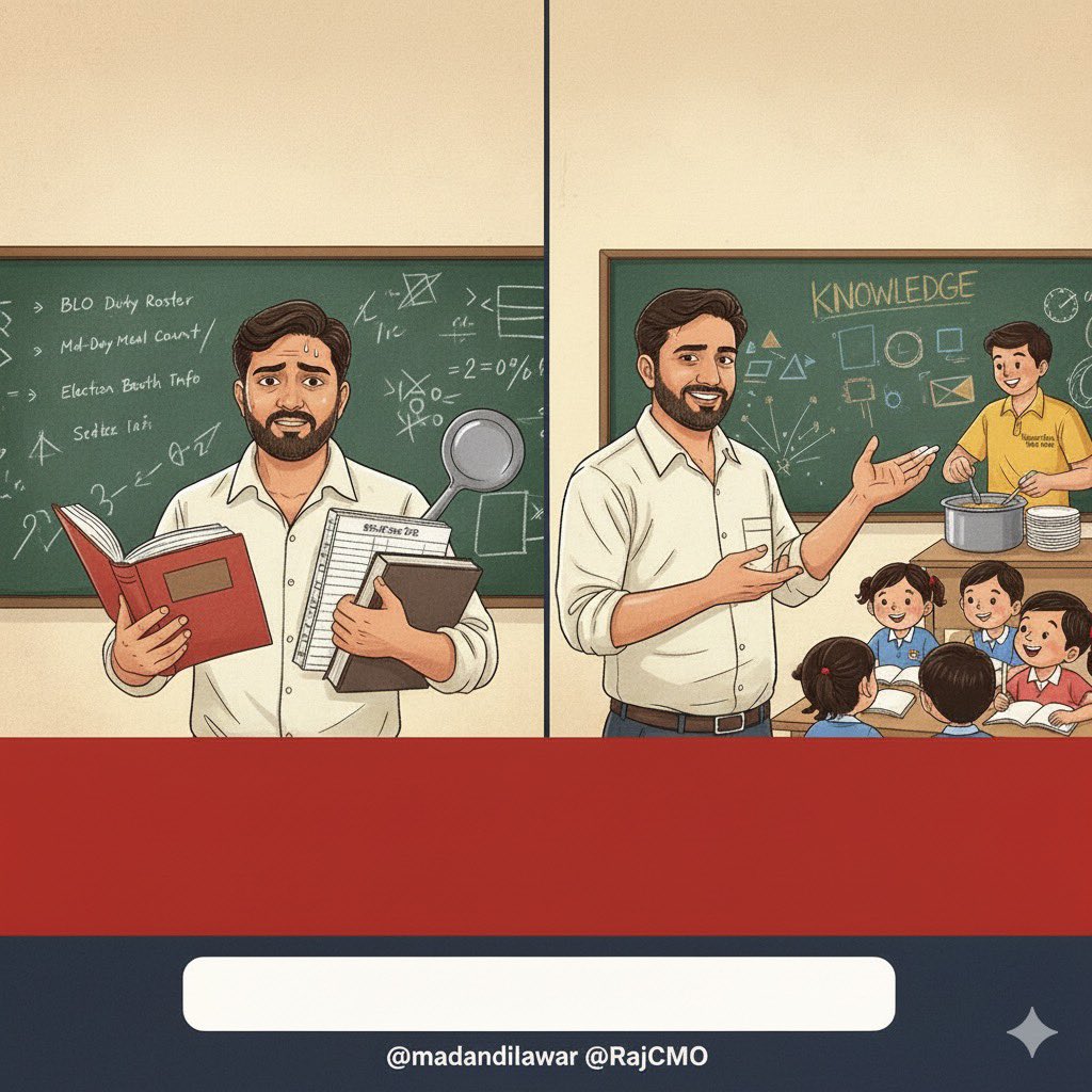 सरकारी स्कूल में यदि सरकार वास्तव में गुणवता वाली पढ़ाई देना चाहती है तो सबसे पहले BLO और पोषाहार जैसे कामो के लिए अलग से स्टाफ जैसे विधार्थी मित्र टाइप लगाना चाहिए 
एक पढ़ाने वाला मास्टर कैसे पढ़ाएगा उसके माइंड में तो येही सब चलेगा कि आज दो चमच्च खो गई 
<a href="/madandilawar/">Madan Dilawar</a> <a href="/RajCMO/">CMO Rajasthan</a>